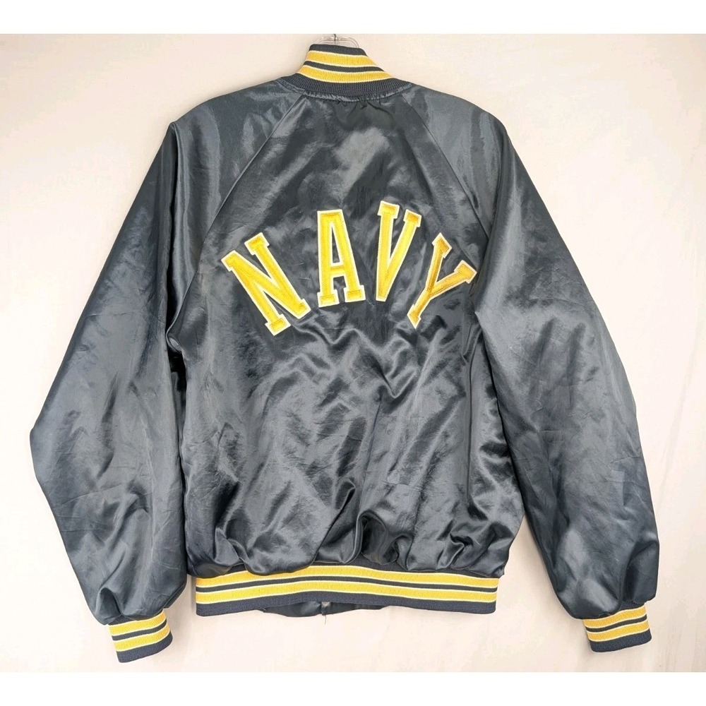 Soffe Jackets Varsity Bomber Jacket Mens Large Blue Satin Navy Military Vintage - Picture 1 of 8